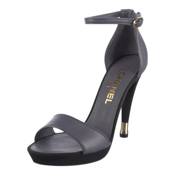 Chanel CC Logo Gray Leather Ankle Strap Heels Sandals - Picture 2 of 5